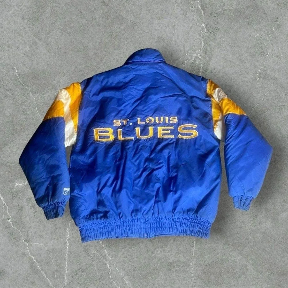 Vintagee St Louis Blues Puffer Jacket Mens Large Blue Gold Logo 7 NWT 90s Coat